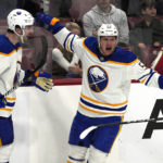 
              Buffalo Sabres left wing Jeff Skinner (53) celebrates after scoring a goal during the third period of an NHL hockey game against the Florida Panthers, Friday, Feb. 24, 2023, in Sunrise, Fla. The Sabres defeated the Panthers 3-1. (AP Photo/Marta Lavandier)
            