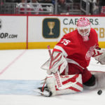 
              Detroit Red Wings goaltender Ville Husso makes a save against the Washington Capitals during the second period of an NHL hockey game, Tuesday, Feb. 21, 2023, in Washington. (AP Photo/Julio Cortez)
            
