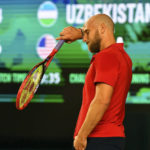 
              Denis Kudla of the USA reacts after his victory over Amir Milushev of Uzbekistan in a singles Davis Cup qualifier tennis match between Uzbekistan and the USA in Tashkent, Uzbekistan, Saturday, Feb. 4, 2023. The USA sweep into Davis Cup Finals with victory over Uzbekistan. (AP Photo)
            