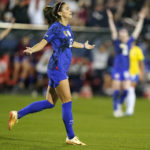 
              United States forward Alex Morgan (13) reacts to scoring a goal during the first half of a SheBelieves Cup soccer match against Brazil Wednesday, Feb. 22, 2023, in Frisco, Texas. (AP Photo/LM Otero)
            