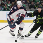 
              Columbus Blue Jackets defenseman Andrew Peeke (2) skates for the puck against Dallas Stars center Joe Pavelski (16) during the first period of an NHL hockey game in Dallas, Saturday, Feb. 18, 2023. (AP Photo/LM Otero)
            