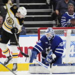 
              Toronto Maple Leafs' goaltender Ilya Samsonov (35) makes a save as Boston Bruins' Pavel Zacha (18) tries for a tip during the second period of an NHL hockey game, Wednesday, Feb.1, 2023 in Toronto. (Frank Gunn/The Canadian Press via AP)
            