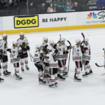 
              The Chicago Blackhawks celebrate their shootout victory over the San Jose Sharks in an NHL hockey game in San Jose, Calif., Saturday, Feb. 25, 2023. (AP Photo/John Hefti)
            