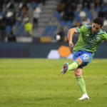 
              Nicolas Lodeiro, of Seattle Sounders FC, kicks the ball during the FIFA Club World Cup soccer match between Seattle Sounders FC and Al Ahly FC in Tangier, Morocco, Saturday, Feb. 4, 2023. (AP Photo/Mosa'ab Elshamy)
            