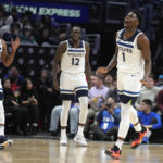 
              Minnesota Timberwolves guard Anthony Edwards (1) celebrates after scoring against the Los Angeles Clippers during the second half of an NBA basketball game Tuesday, Feb. 28, 2023, in Los Angeles. (AP Photo/Marcio Jose Sanchez)
            