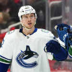 
              Vancouver Canucks left wing Anthony Beauvillier (72) celebrates his goal against the Detroit Red Wings in the second period of an NHL hockey game Saturday, Feb. 11, 2023, in Detroit. (AP Photo/Paul Sancya)
            