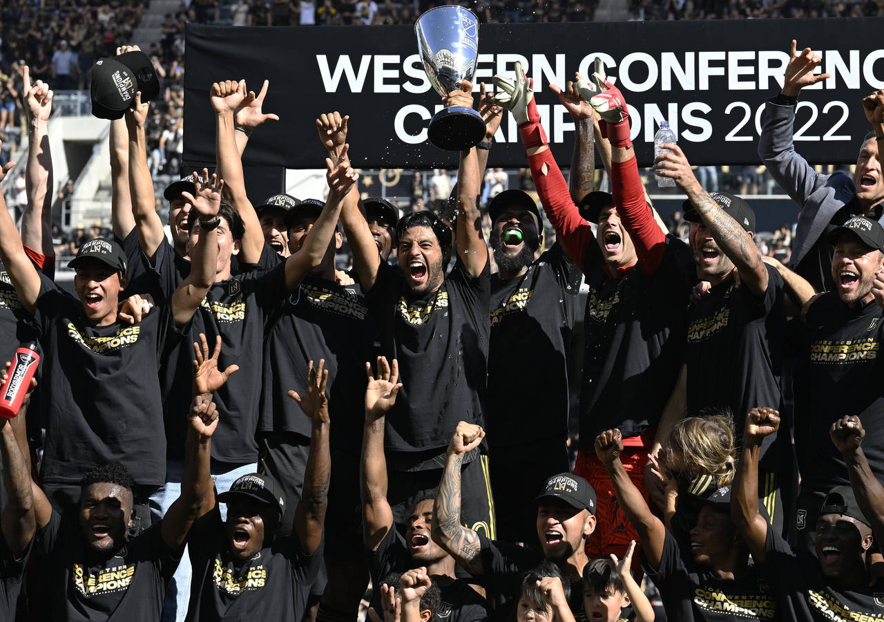 FILE -Los Angeles FC celebrates after a win over Austin FC in the MLS playoff Western Conference fi...