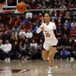 
              Stanford guard Talana Lepolo (10) makes a pass during the first half of an NCAA college basketball game against UCLA on Monday, Feb. 20, 2023, in Stanford, Calif. (AP Photo/Josie Lepe)
            