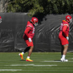 
              Kansas City Chiefs offensive tackles Orlando Brown Jr., right, and Lucas Niang, middle, along with guard Joe Thuney, left, warm up during an NFL football practice in Tempe, Ariz., Friday, Feb. 10, 2023. The Chiefs will play against the Philadelphia Eagles in Super Bowl 57 on Sunday (AP Photo/Ross D. Franklin)
            