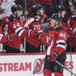 
              New Jersey Devils' Fabian Zetterlund (49) is congratulated for his goal against the Winnipeg Jets during the third period of an NHL hockey game Sunday, Feb. 19, 2023, in Newark, N.J. The Devils won 4-2. (AP Photo/Frank Franklin II)
            