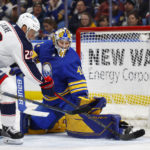 
              Columbus Blue Jackets left wing Patrik Laine is stopped by Buffalo Sabres goaltender Craig Anderson during the second period of an NHL hockey game, Tuesday, Feb. 28, 2023, in Buffalo, N.Y. (AP Photo/Jeffrey T. Barnes)
            