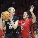 
              Stanford forward Cameron Brink (22) posts up against Utah forward Alissa Pili (35) in the first half of an NCAA College Basketball Game Saturday, Feb. 25, 2023, in Salt Lake City. (AP Photo/Rob Gray)
            