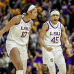
              LSU guard Alexis Morris (45) and forward Angel Reese (10) celebrate following a basket against the Georgia in overtime of an NCAA college basketball game in Baton Rouge, La., Thursday, Feb. 2, 2023. (AP Photo/Derick Hingle)
            