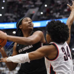
              South Carolina's Aliyah Boston looks to shoot as UConn's Ayanna Patterson (34) defends in the second half of an NCAA college basketball game, Sunday, Feb. 5, 2023, in Hartford, Conn. (AP Photo/Jessica Hill)
            