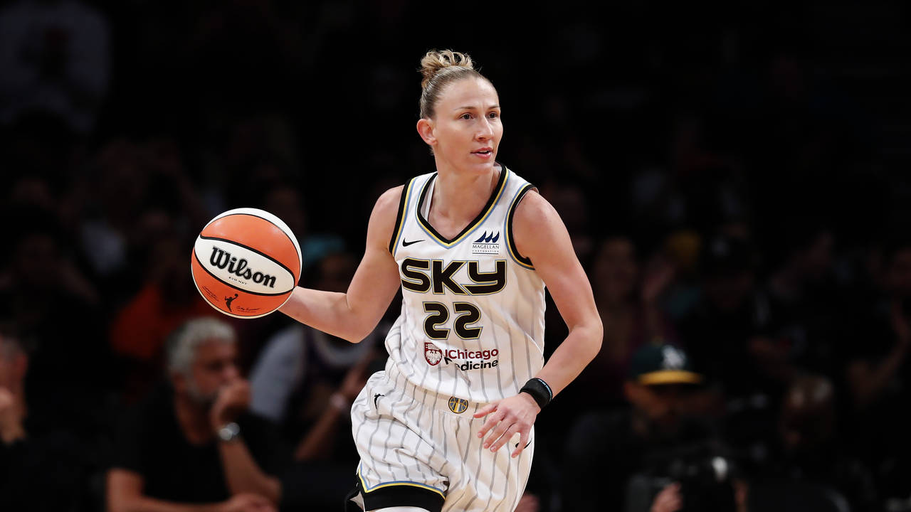 FILE - Chicago Sky guard Courtney Vandersloot dribbles the ball against the New York Liberty during...