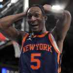 
              New York Knicks guard Immanuel Quickley (5) reacts after drawing a foul during the second half of an NBA basketball game against the Boston Celtics, Monday, Feb. 27, 2023, in New York. (AP Photo/John Minchillo)
            