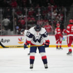 
              Washington Capitals right wing T.J. Oshie reacts at the end of an NHL hockey game against the Detroit Red Wings, Tuesday, Feb. 21, 2023, in Washington. The Red Wigs won 3-1. (AP Photo/Julio Cortez)
            