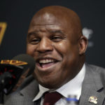 
              Eric Bieniemy talks after be introduced as the new offensive coordinator and assistant head coach of the Washington Commanders during an NFL football press conference in Ashburn, Va., Thursday, Feb. 23, 2023. (AP Photo/Luis M. Alvarez)
            