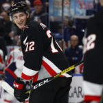 
              Buffalo Sabres center Tage Thompson (72) celebrates his goal during the first period of an NHL hockey game against the Washington Capitals, Sunday, Feb. 26, 2023, in Buffalo, N.Y. (AP Photo/Jeffrey T. Barnes)
            