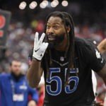 
              NFC outside linebacker Za'Darius Smith (55) of the Minnesota Vikings reacts during the flag football event at the NFL Pro Bowl against the AFC, Sunday, Feb. 5, 2023, in Las Vegas. (AP Photo/David Becker)
            