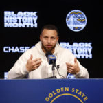 
              Golden State Warriors' Stephen Curry speaks at a news conference before an NBA basketball game against the Washington Wizards in San Francisco, Monday, Feb. 13, 2023. (AP Photo/Jed Jacobsohn)
            