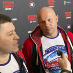 
              Fedor Emelianenko, rights, listens to interpreter Georgiy Litvinov during an interview in Los Angeles on Wednesday, Feb. 1, 2023. Emelianenko says he is ending his trailblazing mixed martial arts career after he fights Ryan Bader for the Bellator heavyweight title on Saturday, Feb. 4. (AP Photo/Greg Beacham)
            