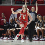 
              Utah guard Gianna Kneepkens (5) reacts to making a 3-point shot against Stanford in the first half of an NCAA college basketball game Saturday, Feb. 25, 2023, in Salt Lake City. (AP Photo/Rob Gray)
            