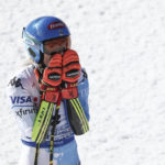 
              United States' Mikaela Shiffrin reacts after taking gold in an alpine ski World Championships giant slalom, in Meribel, France, Thursday, Feb. 16, 2023. (AP Photo/Gabriele Facciotti)
            