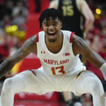 
              Maryland guard Hakim Hart reacts after a basket against Purdue during the second half of an NCAA college basketball game, Thursday, Feb. 16, 2023, in College Park, Md. Maryland won 68-54. (AP Photo/Julio Cortez)
            