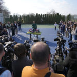 
              Serbian tennis player Novak Djokovic speaks during a press conference after his open practise session in Belgrade, Serbia, Wednesday, Feb. 22, 2023. Djokovic said Wednesday he still hopes US border authorities would allow him entry to take part in two ATP Masters tennis tournaments despite being unvaccinated against the coronavirus. (AP Photo/Darko Vojinovic)
            
