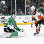 
              Dallas Stars goaltender Jake Oettinger (29) defends against a shot while under pressure from Anaheim Ducks right wing Frank Vatrano (77) in the second period of an NHL hockey game, Monday, Feb. 6, 2023, in Dallas. (AP Photo/Tony Gutierrez)
            
