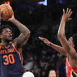 
              New York Knicks forward Julius Randle (30) shoots against New Orleans Pelicans forward Herbert Jones during the first half of an NBA basketball game Saturday, Feb. 25, 2023, at Madison Square Garden in New York. (AP Photo/Mary Altaffer)
            