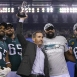 
              FILE - Philadelphia Eagles' Brandon Graham, Lane Johnson, Howie Roseman, Fletcher Cox and Jason Kelce celebrate after the NFC Championship NFL football game between the Philadelphia Eagles and the San Francisco 49ers, Sunday, Jan. 29, 2023, in Philadelphia. Roseman, the once-exiled executive who was cast aside for Chip Kelly for a year, returned to lead the Eagles to the franchise’s only Super Bowl title is back again after hitting rock bottom in 2020. (AP Photo/Matt Slocum, File)
            