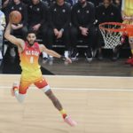 
              Team Giannis forward Jayson Tatum (0) drives during the first half of the NBA basketball All-Star game Sunday, Feb. 19, 2023, in Salt Lake City. (AP Photo/Rob Gray)
            