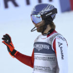 
              Austria's Marco Schwarz celebrates after completing the slalom portion of an alpine ski, men's World Championship combined race, in Courchevel, France, Tuesday, Feb. 7, 2023. (AP Photo/Marco Trovati)
            