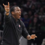 
              Detroit Pistons head coach Dwane Casey calls to his players during the first half of an NBA basketball game against the Boston Celtics, Wednesday, Feb. 15, 2023, in Boston. (AP Photo/Charles Krupa)
            