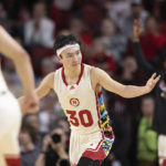 
              Nebraska's Keisei Tominaga (30) celebrates after hitting a 3-point basket against Penn State during the second half of an NCAA college basketball game Sunday, Feb. 5, 2023, in Lincoln, Neb. (AP Photo/Rebecca S. Gratz)
            