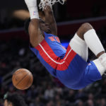 
              Detroit Pistons guard Hamidou Diallo dunks during the second half of an NBA basketball game against the Boston Celtics, Monday, Feb. 6, 2023, in Detroit. (AP Photo/Carlos Osorio)
            
