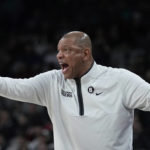 
              Philadelphia 76ers head coach Doc Rivers reacts to a play during the first half of an NBA basketball game against the San Antonio Spurs in San Antonio, Friday, Feb. 3, 2023. (AP Photo/Eric Gay)
            