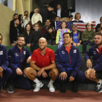 
              The USA team pose for a photo with their fans after a singles Davis Cup qualifier tennis match between Uzbekistan and the USA in Tashkent, Uzbekistan, Saturday, Feb. 4, 2023. The USA sweep into Davis Cup Finals with victory over Uzbekistan. (AP Photo)
            