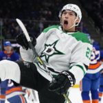 
              Dallas Stars' Jason Robertson celebrates after scoring a goal during the first period of an NHL hockey game against the New York Islanders Tuesday, Jan. 10, 2023, in Elmont, N.Y. (AP Photo/Frank Franklin II)
            
