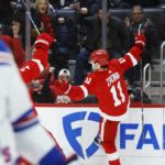 
              Detroit Red Wings right wing Filip Zadina (11) celebrates after his second-period goal against the New York Rangers in an NHL hockey game Thursday, Feb. 23, 2023, in Detroit. (AP Photo/Duane Burleson)
            