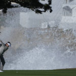 
              Keith Mitchell prepares to hit a shot from the 18th fairway of the Pebble Beach Golf Links during the fourth round of the AT&T Pebble Beach Pro-Am golf tournament in Pebble Beach, Calif., Monday, Feb. 6, 2023. (AP Photo/Godofredo A. Vásquez)
            