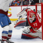
              Florida Panthers goaltender Sergei Bobrovsky gives up a goal to Colorado Avalanche right wing Logan O'Connor during the first period of an NHL hockey game Saturday, Feb. 11, 2023, in Sunrise, Fla. (AP Photo/Reinhold Matay)
            