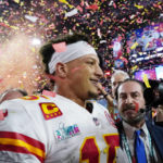 
              Kansas City Chiefs quarterback Patrick Mahomes (15) celebrates after winning the NFL Super Bowl 57 football game, Sunday, Feb. 12, 2023, in Glendale, Ariz. The Chiefs defeated the Philadelphia Eagles 38-35. (AP Photo/Abbie Parr)
            