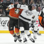 
              Anaheim Ducks defenseman Simon Benoit, left, and Los Angeles Kings right wing Gabriel Vilardi battle for the puck during the first period of an NHL hockey game Friday, Feb. 17, 2023, in Anaheim, Calif. (AP Photo/Mark J. Terrill)
            