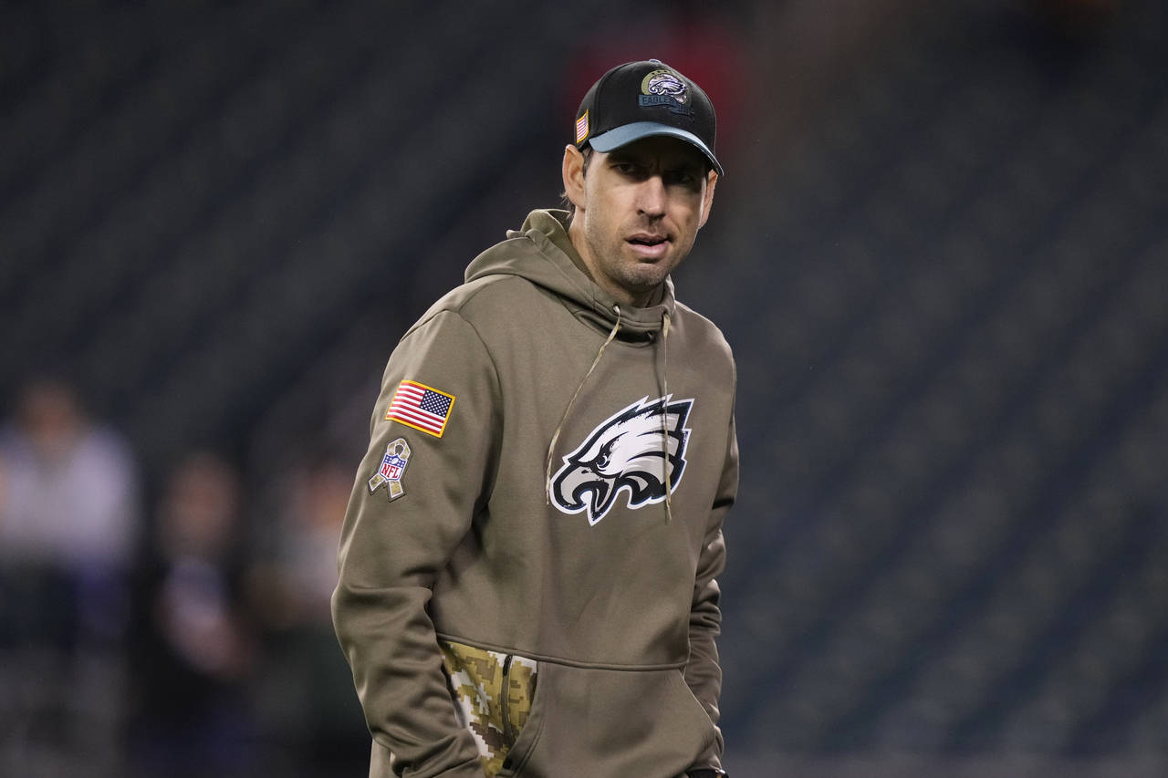 FILE - Philadelphia Eagles' Shane Steichen watches warm-ups before an NFL football game, Sunday, No...