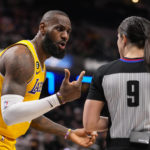 
              Los Angeles Lakers forward LeBron James (6) pleads with referee Natalie Sago (9) after being charged with a foul during the second half of an NBA basketball game against the Indiana Pacers in Indianapolis, Thursday, Feb. 2, 2023. The Lakers defeated the Pacers 112-111. (AP Photo/Michael Conroy)
            