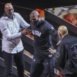 
              The top three all-time leading NBA scorers, LeBron James, Kareem Abdul-Jabbar and Karl Malone are seen during halftime of the NBA basketball All-Star game Sunday, Feb. 19, 2023, in Salt Lake City. (AP Photo/Rob Gray)
            