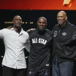 
              The top three all-time leading NBA scorers, LeBron James, Kareem Abdul-Jabbar and Karl Malone are seen during halftime of the NBA basketball All-Star game Sunday, Feb. 19, 2023, in Salt Lake City. (AP Photo/Rick Bowmer)
            